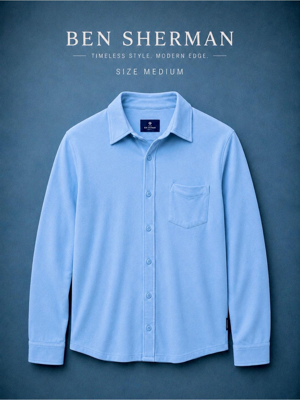Ben Sherman Mens Medium Sky Blue Knit Button Shirt Long Sleeve Pocket NWT